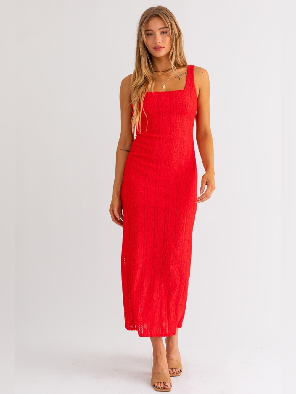 Le Lis Red Square-Neck Knit Maxi Dress